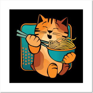 Happy Cat Eating Noodles Posters and Art